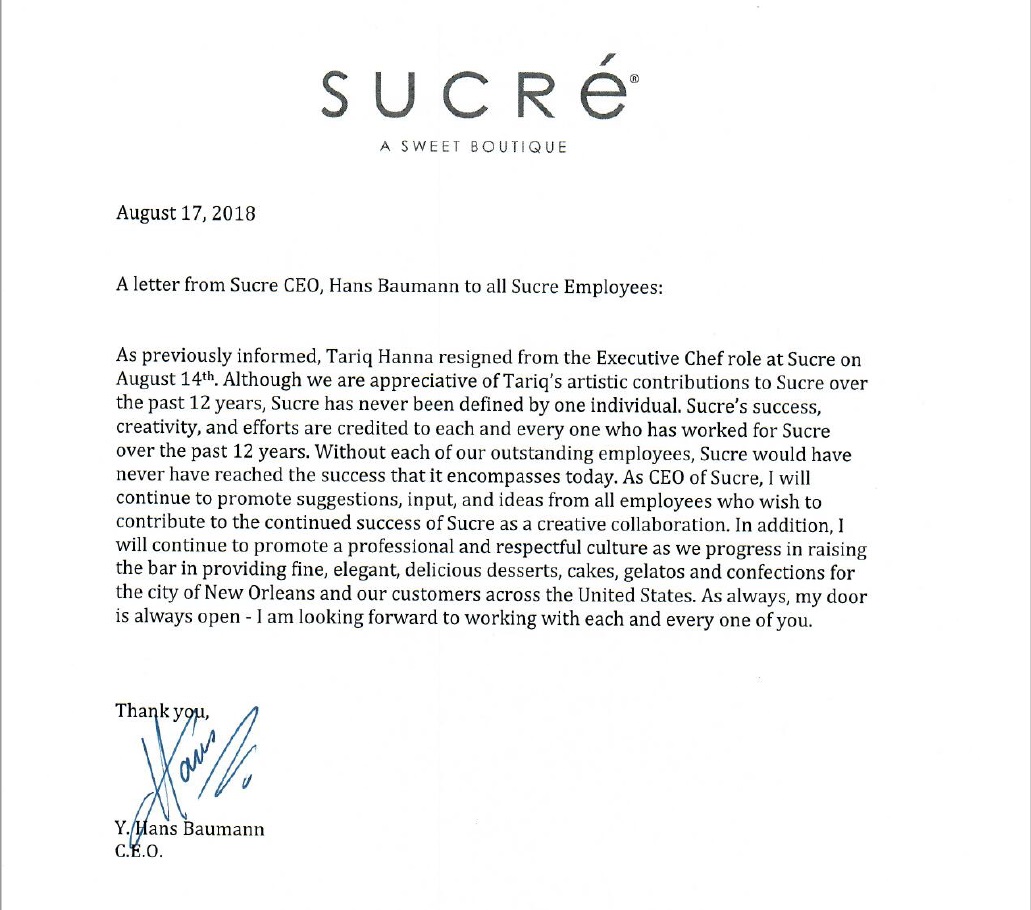 Sucre Statement on Exec Chef Resignation